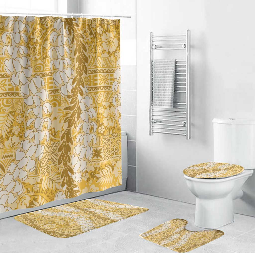 Gold Puakenikeni and Maile Lei Bathroom Set Hawaiian Style Tribal Tapa Double Strand Lei - Polynesian Pride