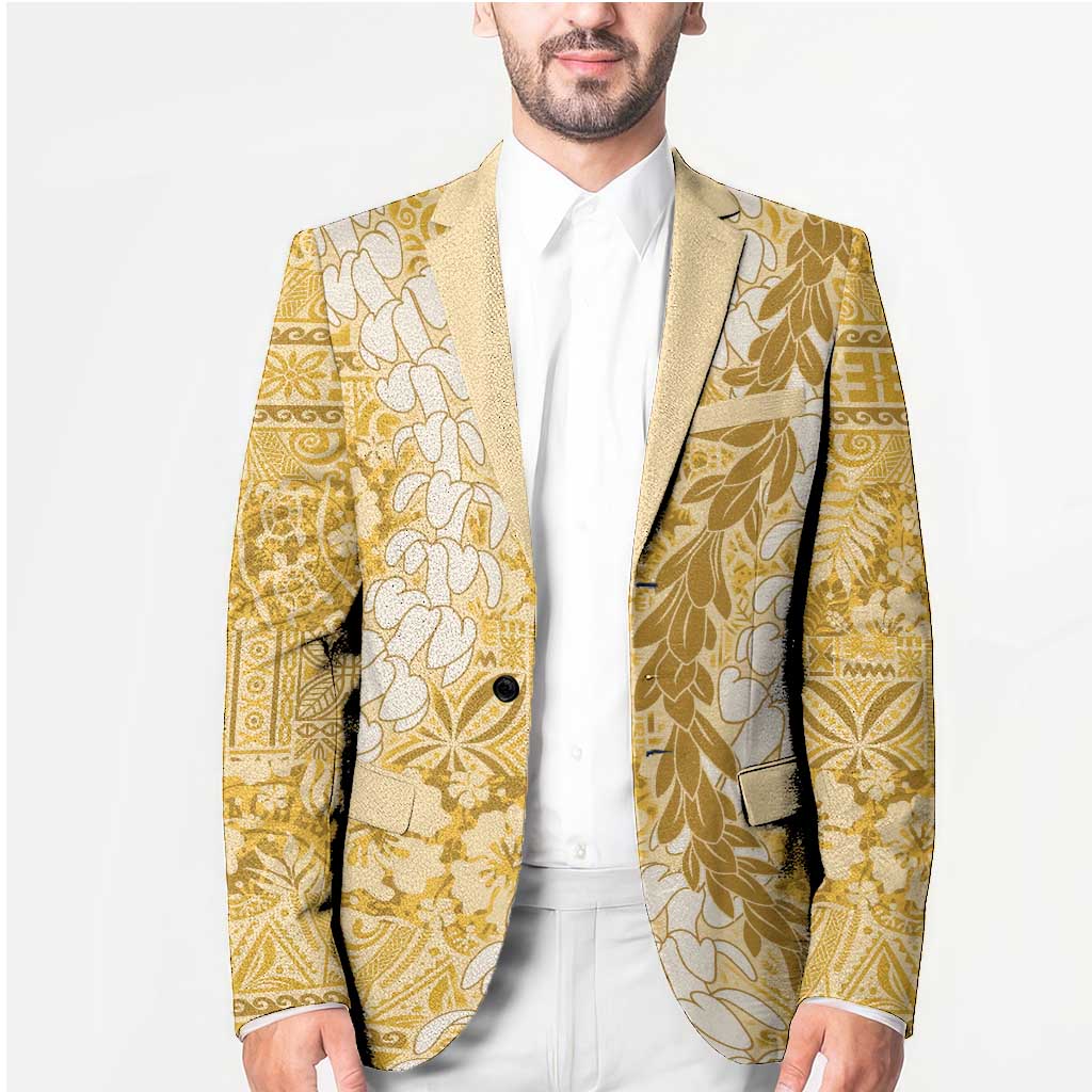 Gold Puakenikeni and Maile Lei Blazer Hawaiian Style Tribal Tapa Double Strand Lei - Polynesian Pride