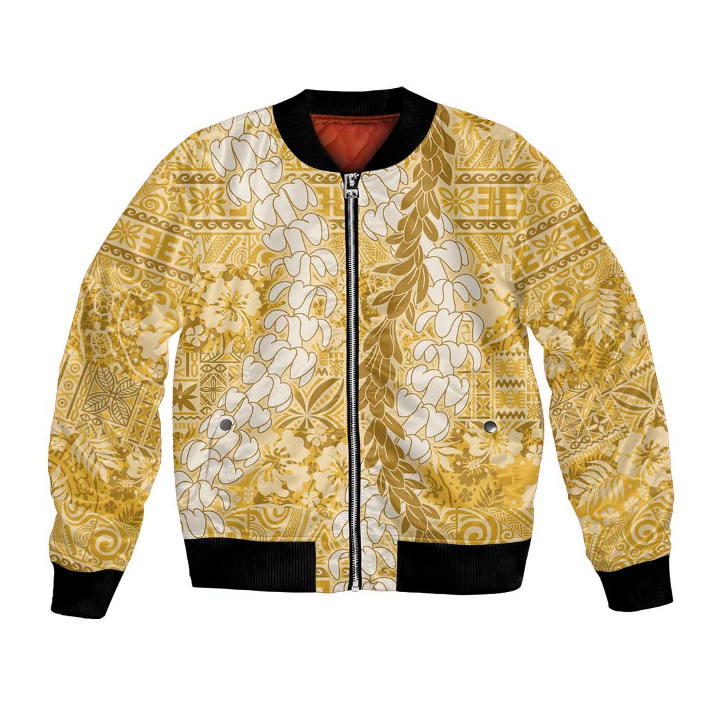 Gold Puakenikeni and Maile Lei Bomber Jacket Hawaiian Style Tribal Tapa Double Strand Lei