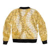Gold Puakenikeni and Maile Lei Bomber Jacket Hawaiian Style Tribal Tapa Double Strand Lei