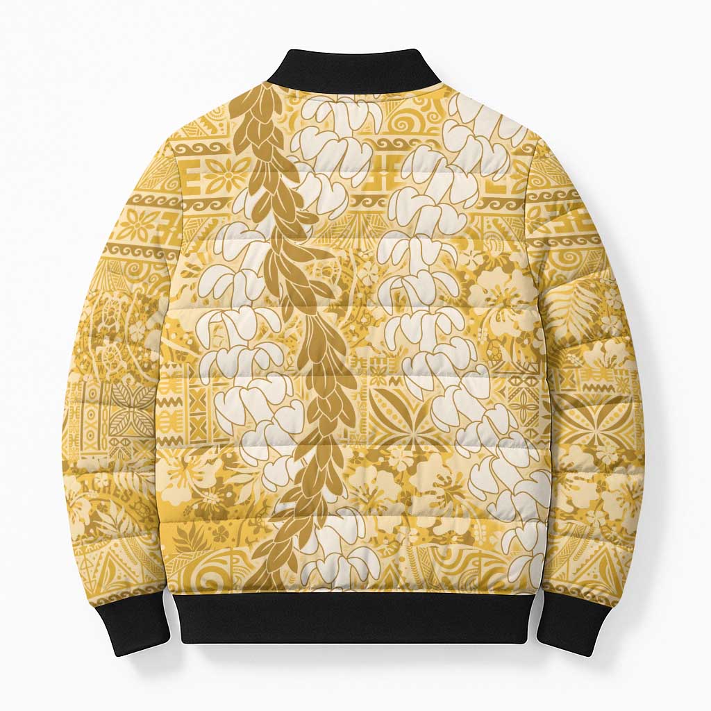 Gold Puakenikeni and Maile Lei Bomber Puffer Jacket Hawaiian Style Tribal Tapa Double Strand Lei - Polynesian Pride
