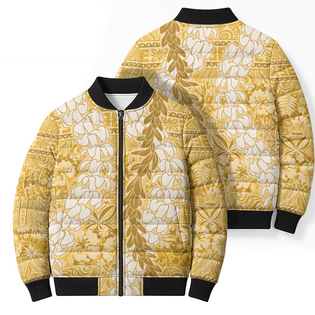 Gold Puakenikeni and Maile Lei Bomber Puffer Jacket Hawaiian Style Tribal Tapa Double Strand Lei - Polynesian Pride