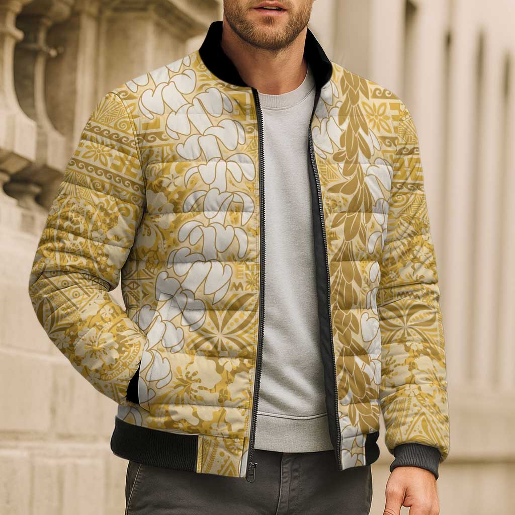Gold Puakenikeni and Maile Lei Bomber Puffer Jacket Hawaiian Style Tribal Tapa Double Strand Lei - Polynesian Pride