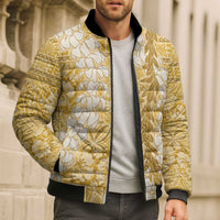 Gold Puakenikeni and Maile Lei Bomber Puffer Jacket Hawaiian Style Tribal Tapa Double Strand Lei - Polynesian Pride