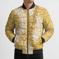 Gold Puakenikeni and Maile Lei Bomber Puffer Jacket Hawaiian Style Tribal Tapa Double Strand Lei - Polynesian Pride