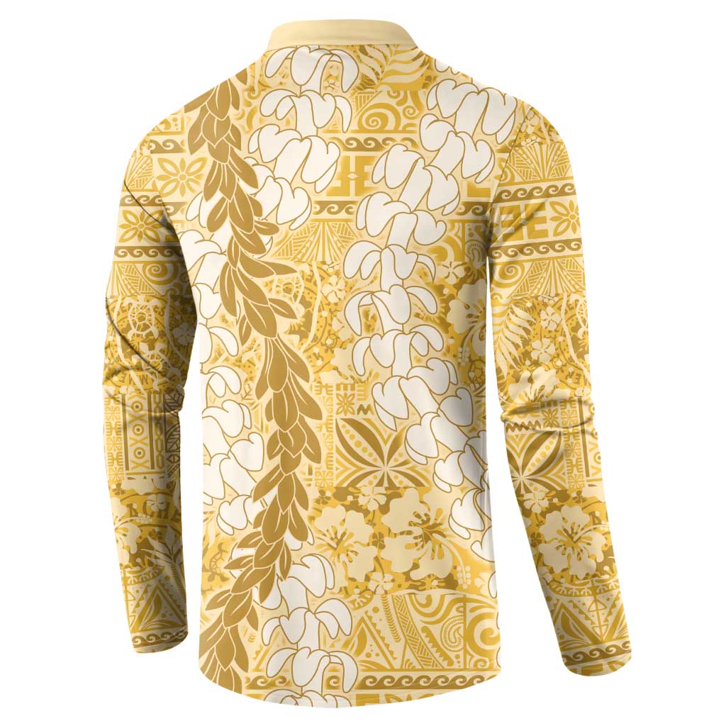 Gold Puakenikeni and Maile Lei Button Sweatshirt Hawaiian Style Tribal Tapa Double Strand Lei