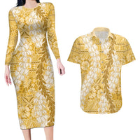 Gold Puakenikeni and Maile Lei Couples Matching Long Sleeve Bodycon Dress and Hawaiian Shirt Hawaiian Style Tribal Tapa Double Strand Lei