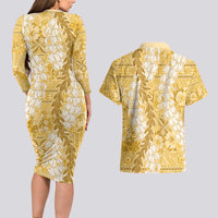 Gold Puakenikeni and Maile Lei Couples Matching Long Sleeve Bodycon Dress and Hawaiian Shirt Hawaiian Style Tribal Tapa Double Strand Lei