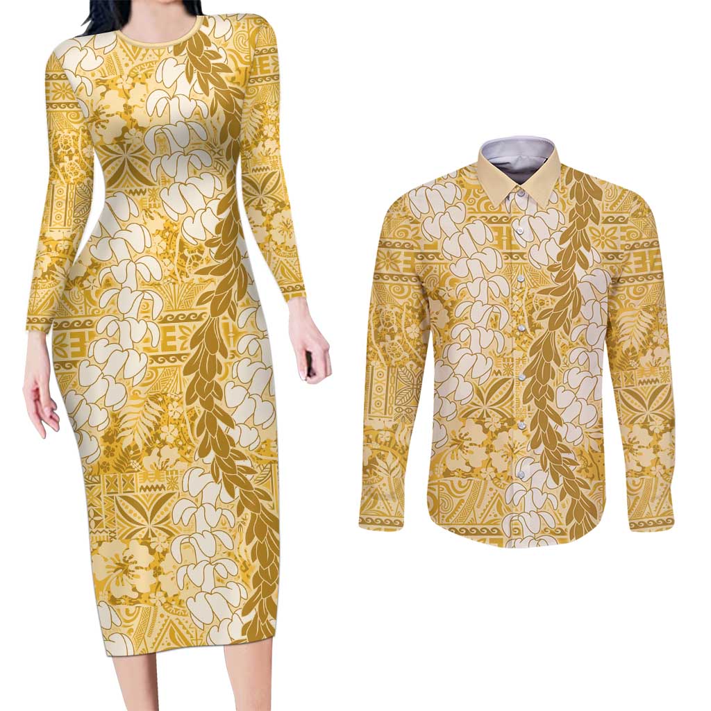 Gold Puakenikeni and Maile Lei Couples Matching Long Sleeve Bodycon Dress and Long Sleeve Button Shirt Hawaiian Style Tribal Tapa Double Strand Lei
