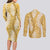 Gold Puakenikeni and Maile Lei Couples Matching Long Sleeve Bodycon Dress and Long Sleeve Button Shirt Hawaiian Style Tribal Tapa Double Strand Lei
