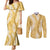 Gold Puakenikeni and Maile Lei Couples Matching Mermaid Dress and Long Sleeve Button Shirt Hawaiian Style Tribal Tapa Double Strand Lei