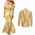 Gold Puakenikeni and Maile Lei Couples Matching Mermaid Dress and Long Sleeve Button Shirt Hawaiian Style Tribal Tapa Double Strand Lei