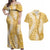 Gold Puakenikeni and Maile Lei Couples Matching Off Shoulder Maxi Dress and Hawaiian Shirt Hawaiian Style Tribal Tapa Double Strand Lei
