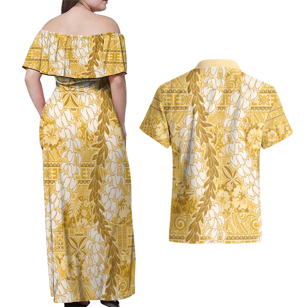 Gold Puakenikeni and Maile Lei Couples Matching Off Shoulder Maxi Dress and Hawaiian Shirt Hawaiian Style Tribal Tapa Double Strand Lei