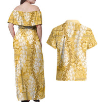 Gold Puakenikeni and Maile Lei Couples Matching Off Shoulder Maxi Dress and Hawaiian Shirt Hawaiian Style Tribal Tapa Double Strand Lei