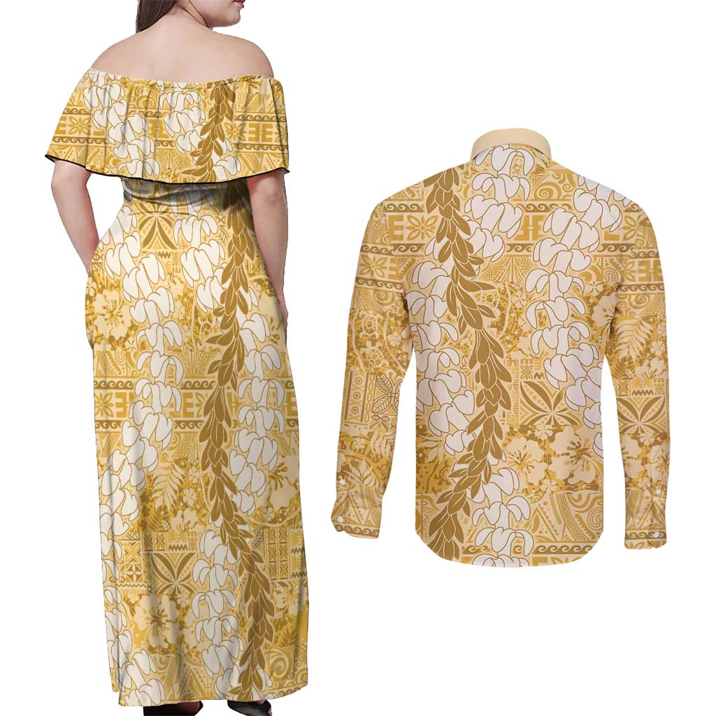 Gold Puakenikeni and Maile Lei Couples Matching Off Shoulder Maxi Dress and Long Sleeve Button Shirt Hawaiian Style Tribal Tapa Double Strand Lei
