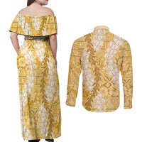 Gold Puakenikeni and Maile Lei Couples Matching Off Shoulder Maxi Dress and Long Sleeve Button Shirt Hawaiian Style Tribal Tapa Double Strand Lei
