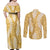 Gold Puakenikeni and Maile Lei Couples Matching Off Shoulder Maxi Dress and Long Sleeve Button Shirt Hawaiian Style Tribal Tapa Double Strand Lei