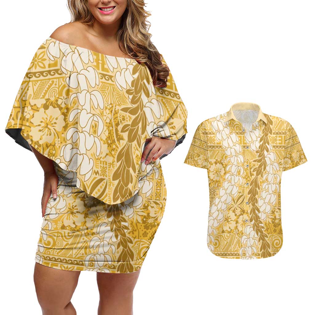 Gold Puakenikeni and Maile Lei Couples Matching Off Shoulder Short Dress and Hawaiian Shirt Hawaiian Style Tribal Tapa Double Strand Lei