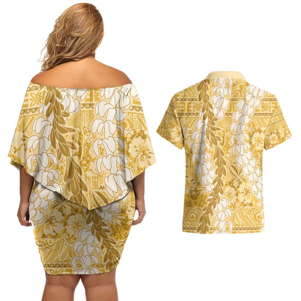 Gold Puakenikeni and Maile Lei Couples Matching Off Shoulder Short Dress and Hawaiian Shirt Hawaiian Style Tribal Tapa Double Strand Lei