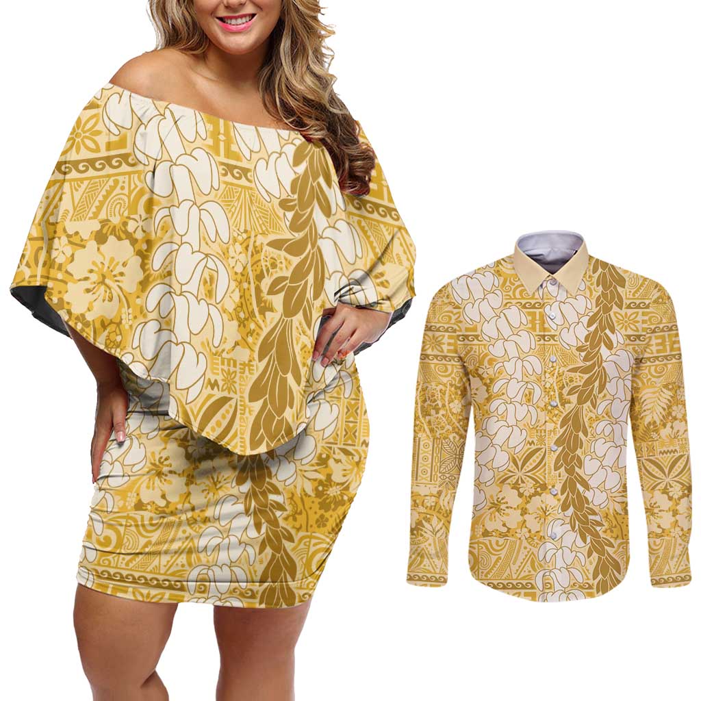 Gold Puakenikeni and Maile Lei Couples Matching Off Shoulder Short Dress and Long Sleeve Button Shirt Hawaiian Style Tribal Tapa Double Strand Lei