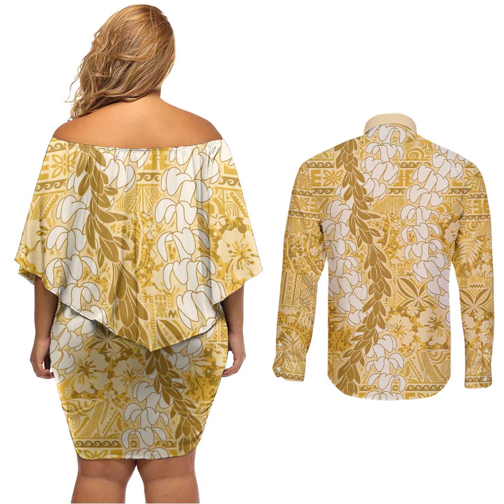 Gold Puakenikeni and Maile Lei Couples Matching Off Shoulder Short Dress and Long Sleeve Button Shirt Hawaiian Style Tribal Tapa Double Strand Lei
