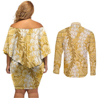 Gold Puakenikeni and Maile Lei Couples Matching Off Shoulder Short Dress and Long Sleeve Button Shirt Hawaiian Style Tribal Tapa Double Strand Lei