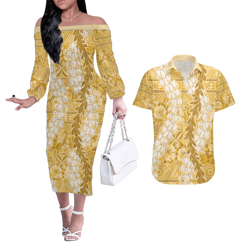 Gold Puakenikeni and Maile Lei Couples Matching Off The Shoulder Long Sleeve Dress and Hawaiian Shirt Hawaiian Style Tribal Tapa Double Strand Lei