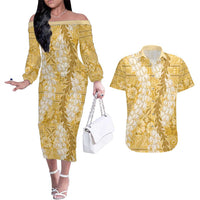 Gold Puakenikeni and Maile Lei Couples Matching Off The Shoulder Long Sleeve Dress and Hawaiian Shirt Hawaiian Style Tribal Tapa Double Strand Lei