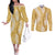 Gold Puakenikeni and Maile Lei Couples Matching Off The Shoulder Long Sleeve Dress and Long Sleeve Button Shirt Hawaiian Style Tribal Tapa Double Strand Lei