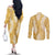 Gold Puakenikeni and Maile Lei Couples Matching Off The Shoulder Long Sleeve Dress and Long Sleeve Button Shirt Hawaiian Style Tribal Tapa Double Strand Lei
