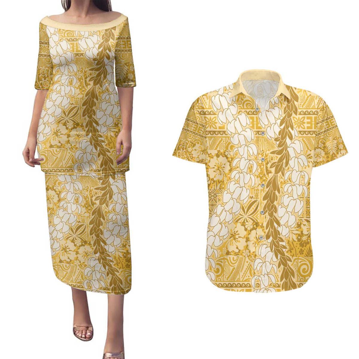 Gold Puakenikeni and Maile Lei Couples Matching Puletasi and Hawaiian Shirt Hawaiian Style Tribal Tapa Double Strand Lei