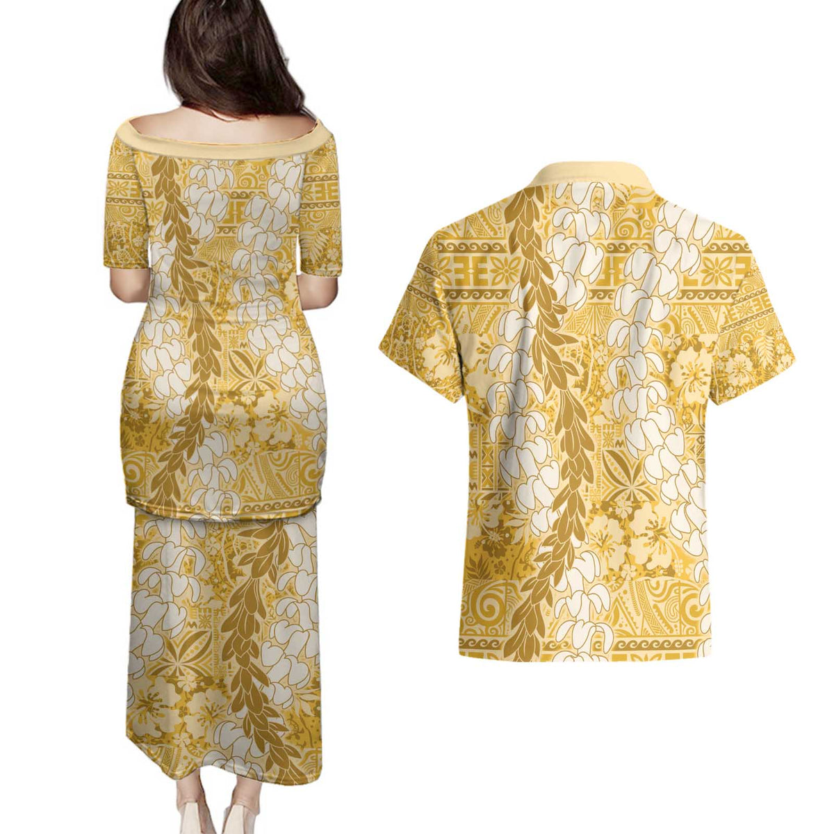 Gold Puakenikeni and Maile Lei Couples Matching Puletasi and Hawaiian Shirt Hawaiian Style Tribal Tapa Double Strand Lei