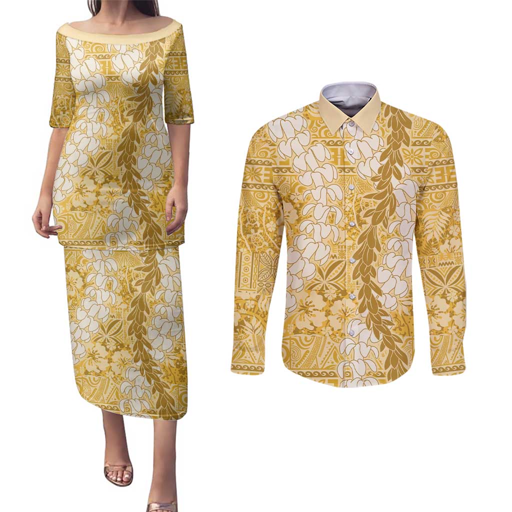 Gold Puakenikeni and Maile Lei Couples Matching Puletasi and Long Sleeve Button Shirt Hawaiian Style Tribal Tapa Double Strand Lei
