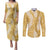 Gold Puakenikeni and Maile Lei Couples Matching Puletasi and Long Sleeve Button Shirt Hawaiian Style Tribal Tapa Double Strand Lei