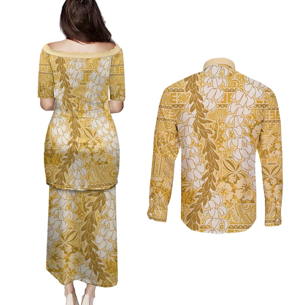 Gold Puakenikeni and Maile Lei Couples Matching Puletasi and Long Sleeve Button Shirt Hawaiian Style Tribal Tapa Double Strand Lei