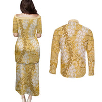 Gold Puakenikeni and Maile Lei Couples Matching Puletasi and Long Sleeve Button Shirt Hawaiian Style Tribal Tapa Double Strand Lei