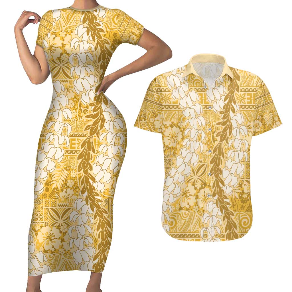 Gold Puakenikeni and Maile Lei Couples Matching Short Sleeve Bodycon Dress and Hawaiian Shirt Hawaiian Style Tribal Tapa Double Strand Lei