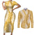 Gold Puakenikeni and Maile Lei Couples Matching Short Sleeve Bodycon Dress and Long Sleeve Button Shirt Hawaiian Style Tribal Tapa Double Strand Lei