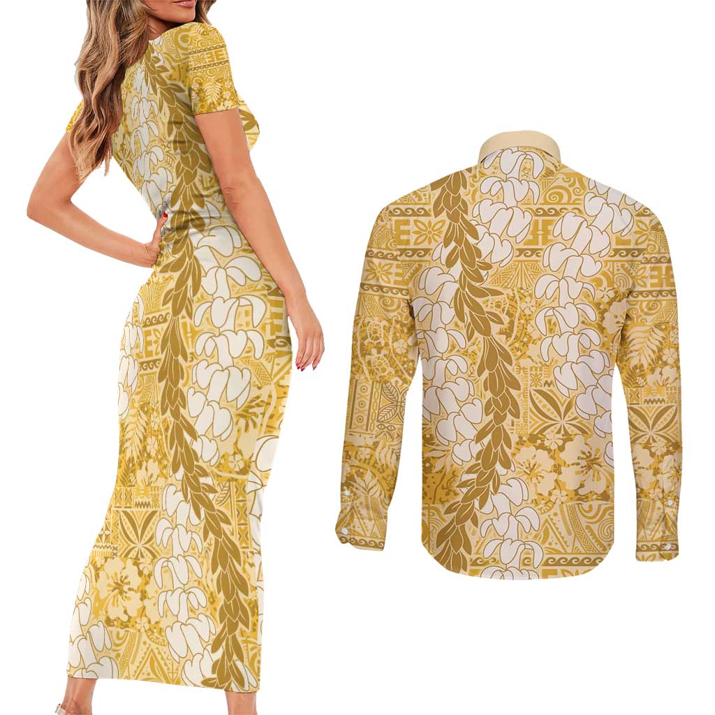 Gold Puakenikeni and Maile Lei Couples Matching Short Sleeve Bodycon Dress and Long Sleeve Button Shirt Hawaiian Style Tribal Tapa Double Strand Lei