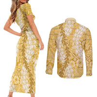 Gold Puakenikeni and Maile Lei Couples Matching Short Sleeve Bodycon Dress and Long Sleeve Button Shirt Hawaiian Style Tribal Tapa Double Strand Lei