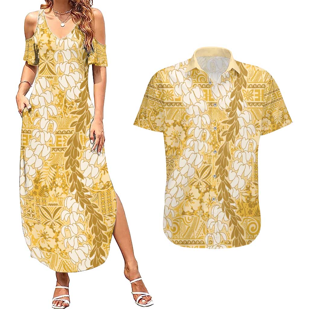 Gold Puakenikeni and Maile Lei Couples Matching Summer Maxi Dress and Hawaiian Shirt Hawaiian Style Tribal Tapa Double Strand Lei