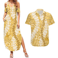 Gold Puakenikeni and Maile Lei Couples Matching Summer Maxi Dress and Hawaiian Shirt Hawaiian Style Tribal Tapa Double Strand Lei