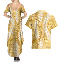 Gold Puakenikeni and Maile Lei Couples Matching Summer Maxi Dress and Hawaiian Shirt Hawaiian Style Tribal Tapa Double Strand Lei