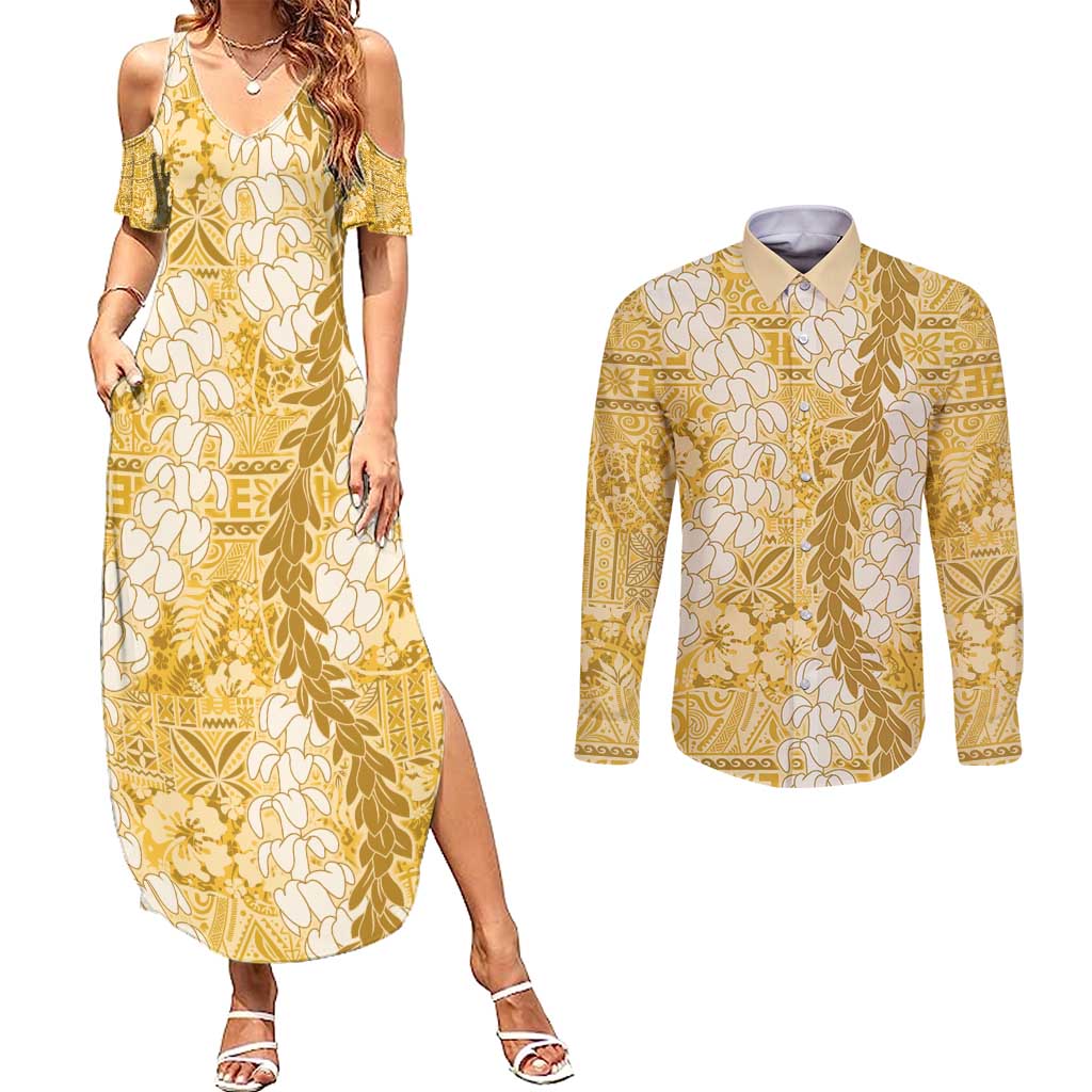 Gold Puakenikeni and Maile Lei Couples Matching Summer Maxi Dress and Long Sleeve Button Shirt Hawaiian Style Tribal Tapa Double Strand Lei