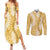 Gold Puakenikeni and Maile Lei Couples Matching Summer Maxi Dress and Long Sleeve Button Shirt Hawaiian Style Tribal Tapa Double Strand Lei
