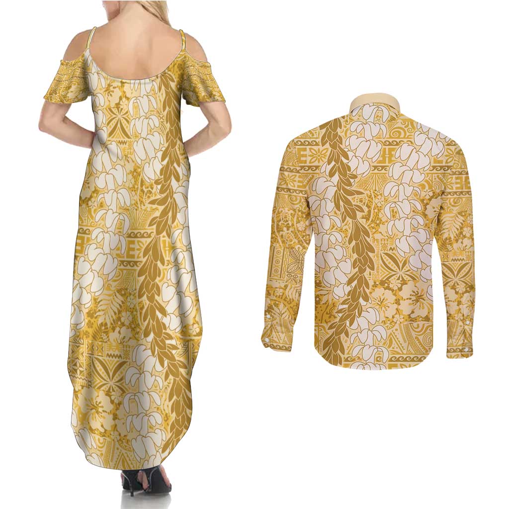 Gold Puakenikeni and Maile Lei Couples Matching Summer Maxi Dress and Long Sleeve Button Shirt Hawaiian Style Tribal Tapa Double Strand Lei