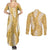 Gold Puakenikeni and Maile Lei Couples Matching Summer Maxi Dress and Long Sleeve Button Shirt Hawaiian Style Tribal Tapa Double Strand Lei
