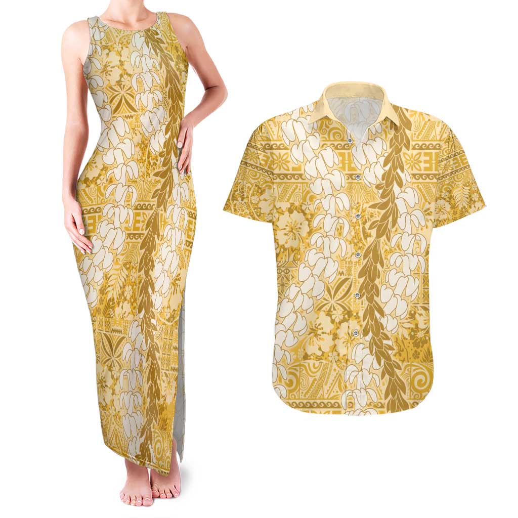 Gold Puakenikeni and Maile Lei Couples Matching Tank Maxi Dress and Hawaiian Shirt Hawaiian Style Tribal Tapa Double Strand Lei