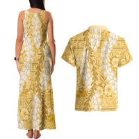 Gold Puakenikeni and Maile Lei Couples Matching Tank Maxi Dress and Hawaiian Shirt Hawaiian Style Tribal Tapa Double Strand Lei